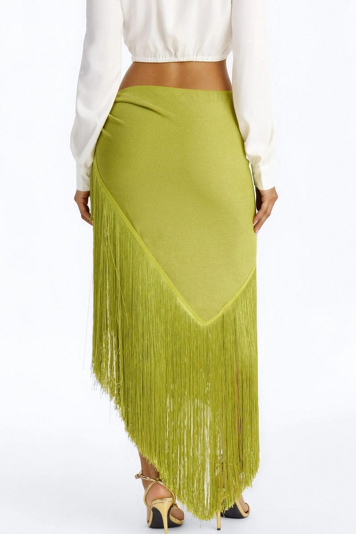 Somewhere Tropical Metallic Knit Fringe Midi Skirt - Green