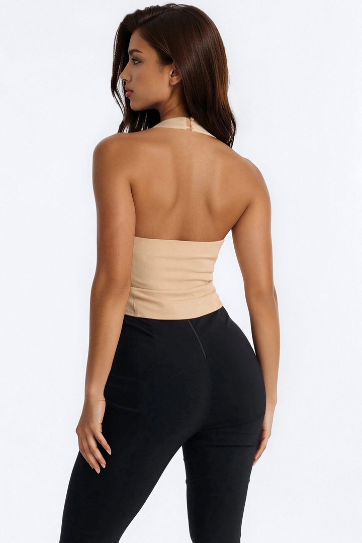 Callie Cut Out Twill Halter Top - Taupe