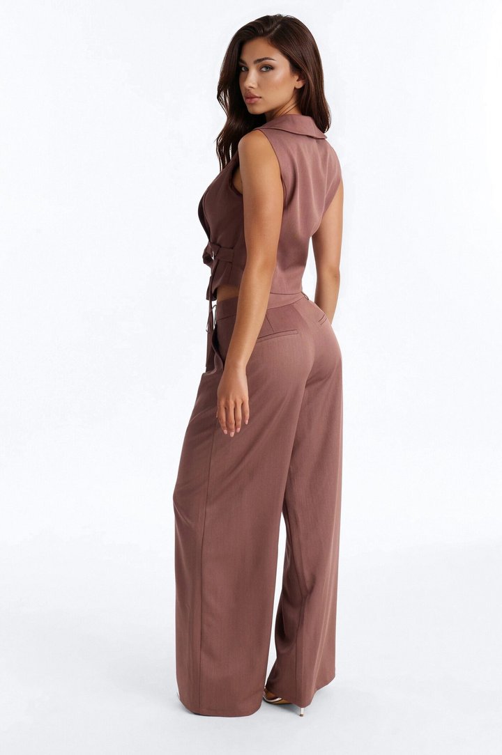 Polished Presence Vest Pant Set - Brown