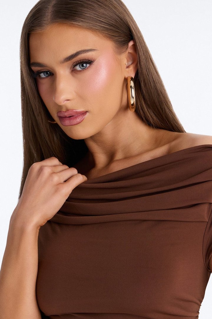Kate Ruched Cowl Neck Top - Brown