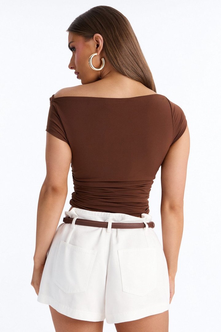 Kate Ruched Cowl Neck Top - Brown