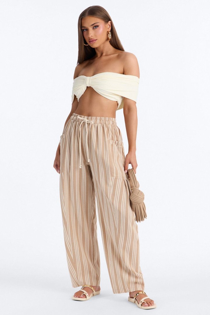 Coastal Barrel Leg Striped Pants - Taupe