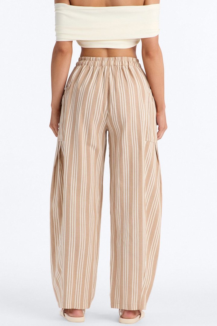 Coastal Barrel Leg Striped Pants - Taupe