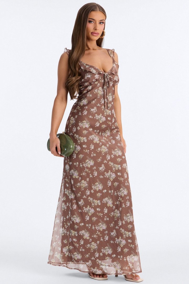 Gabriella Ruffle Chiffon Maxi Dress - Brown/combo