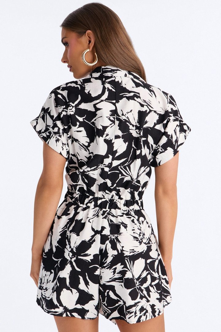 Miley Linen Floral Romper - Black/White
