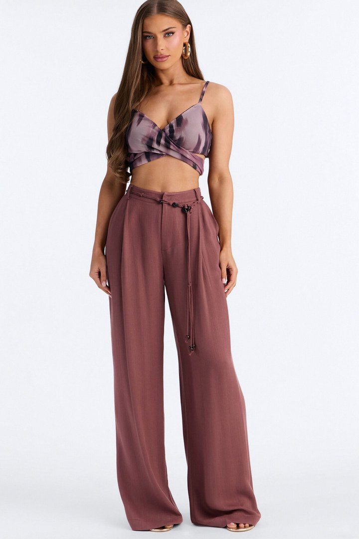 Summer Belted Textured Wide Leg Trouser - Brown