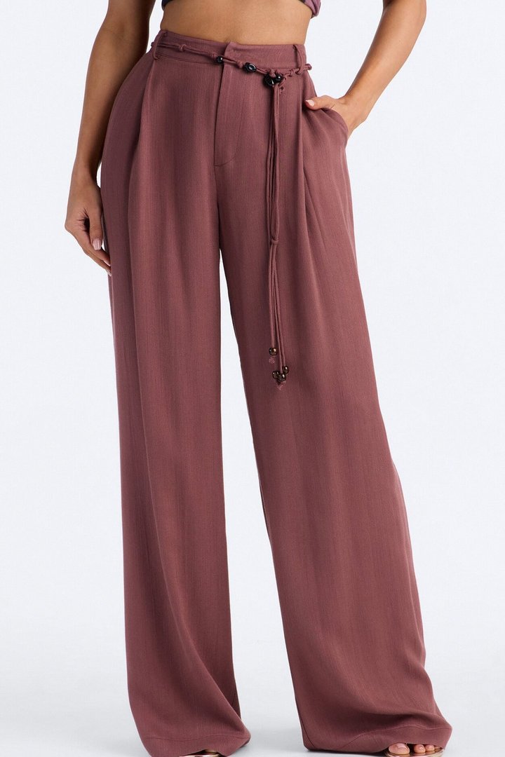 Summer Belted Textured Wide Leg Trouser - Brown