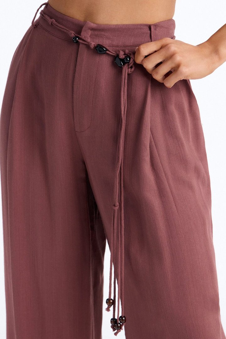 Summer Belted Textured Wide Leg Trouser - Brown