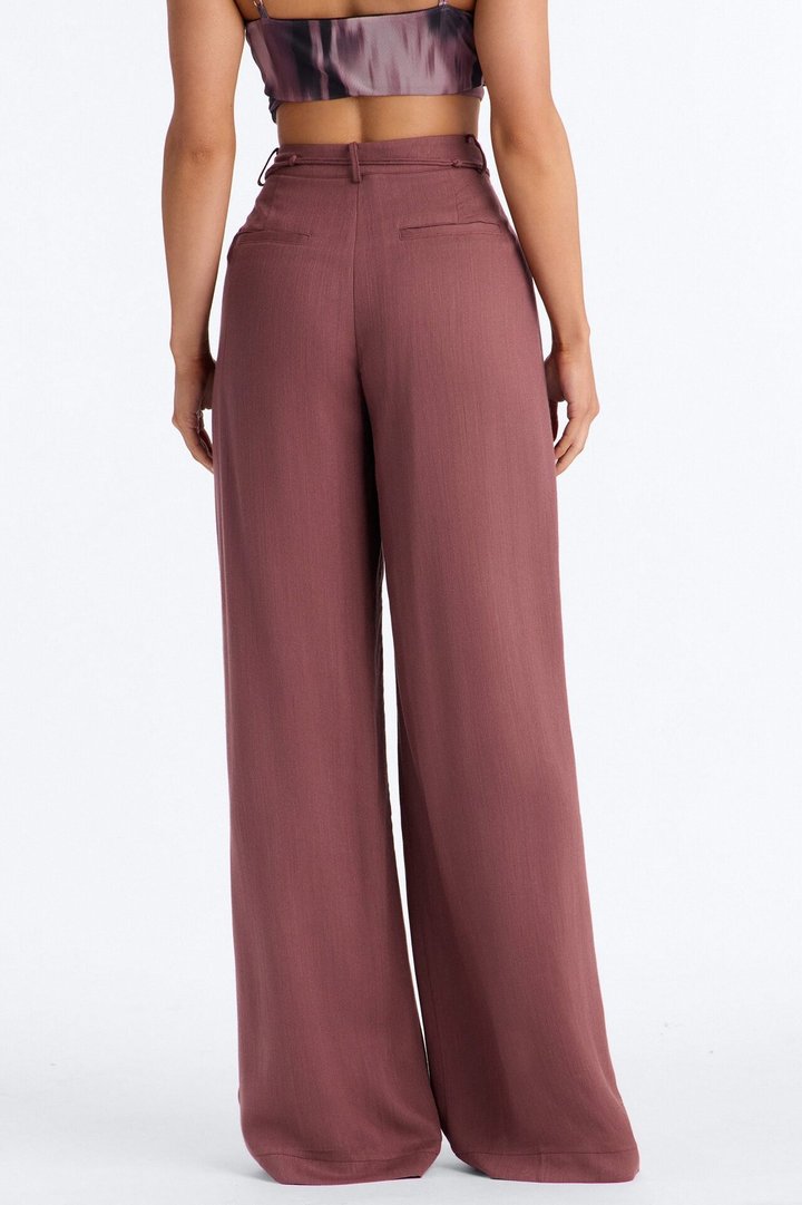 Summer Belted Textured Wide Leg Trouser - Brown