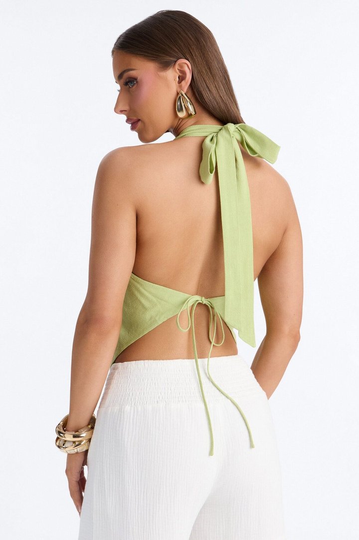 Just Out Here Cowl Neck Linen Halter Top - Sage