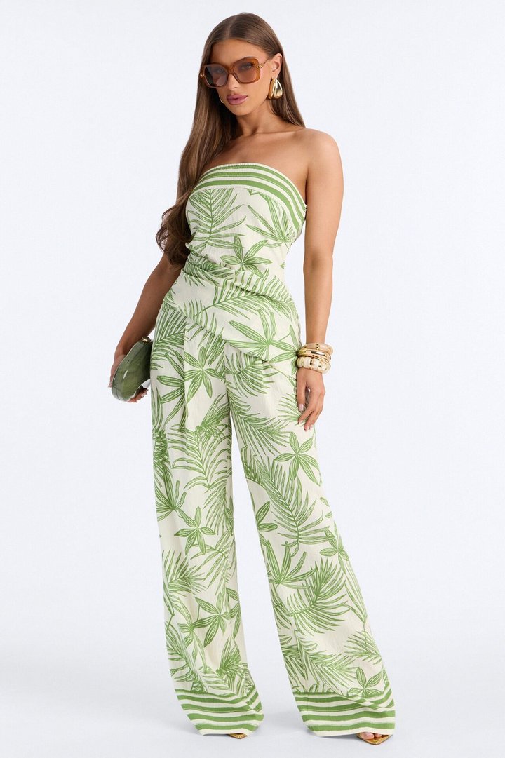 Irene Strapless Linen Pant Set - Green/combo