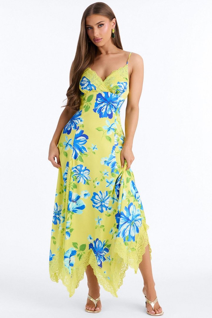 Dahlia Lace Trim Satin Maxi Dress - Yellow/combo