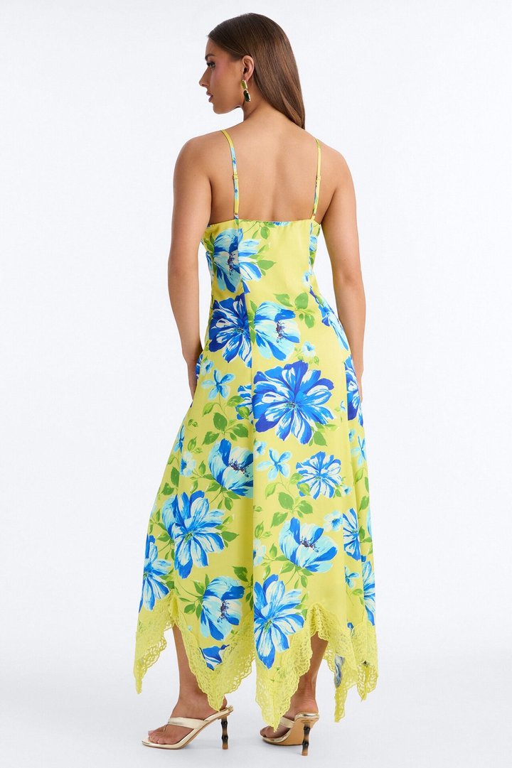 Dahlia Lace Trim Satin Maxi Dress - Yellow/combo