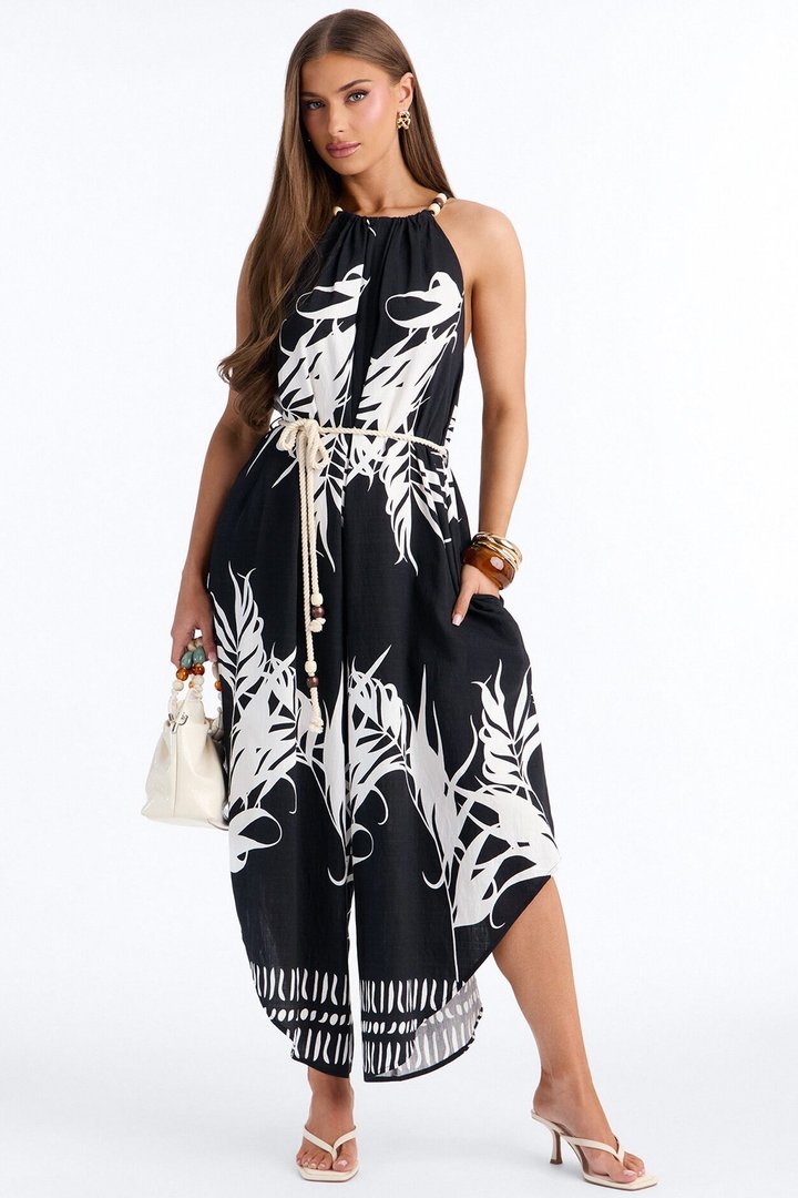 Island Hours Beaded Jumpsuit - Black