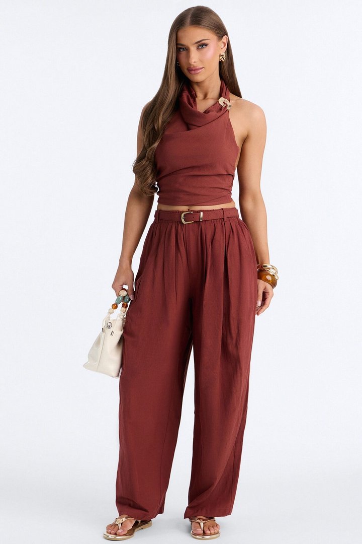 Hailey Halter Linen Pant Set - Marsala