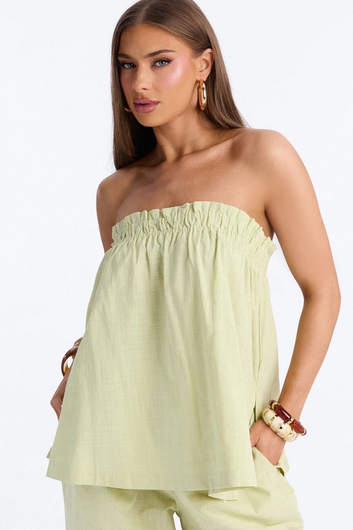 Verity Linen Strapless Wide Leg Pant Set - Sage