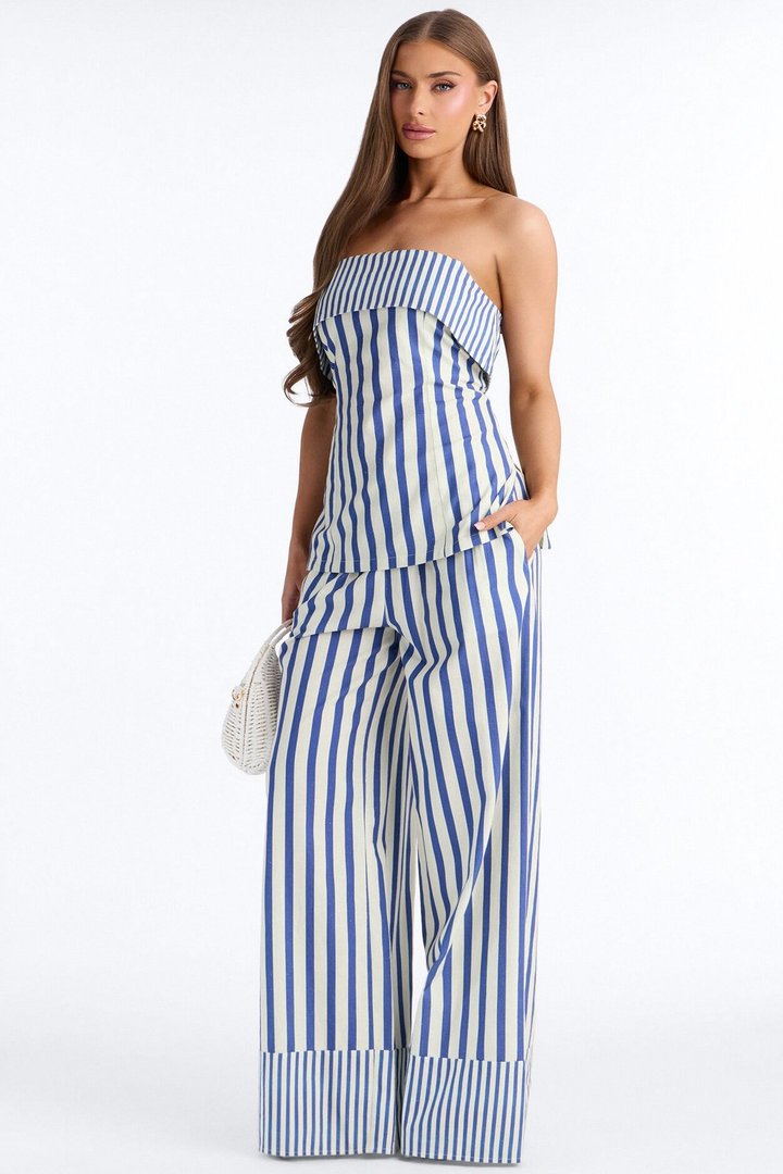 Ocean Views Foldover Striped Linen Top - Blue/combo