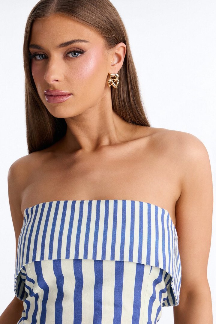 Ocean Views Foldover Striped Linen Top - Blue/combo