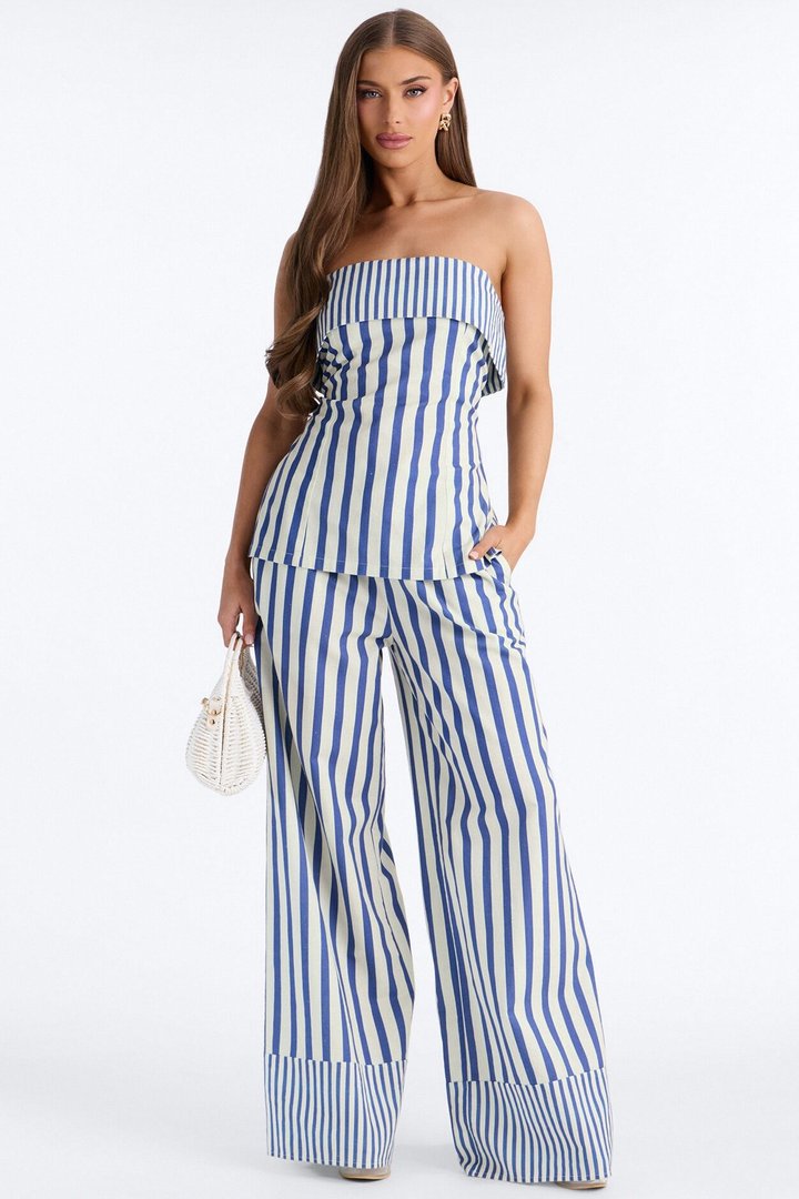 Ocean Views Wide Leg Striped Linen Pant - Blue/combo