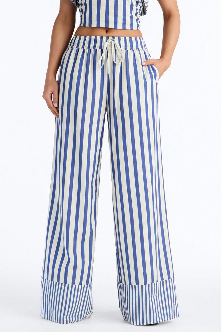 Ocean Views Wide Leg Striped Linen Pant - Blue/combo