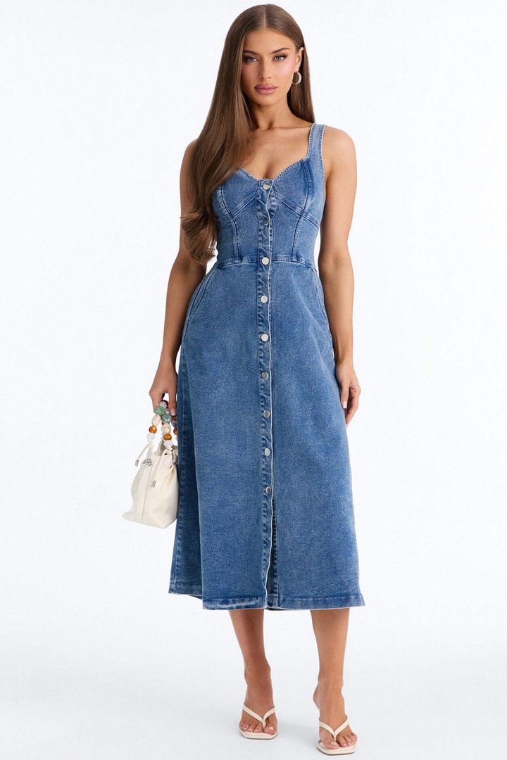 Cara Button Up Denim Midi Dress - Denim