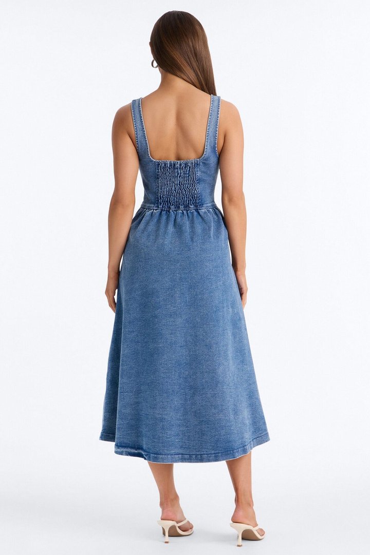 Cara Button Up Denim Midi Dress - Denim