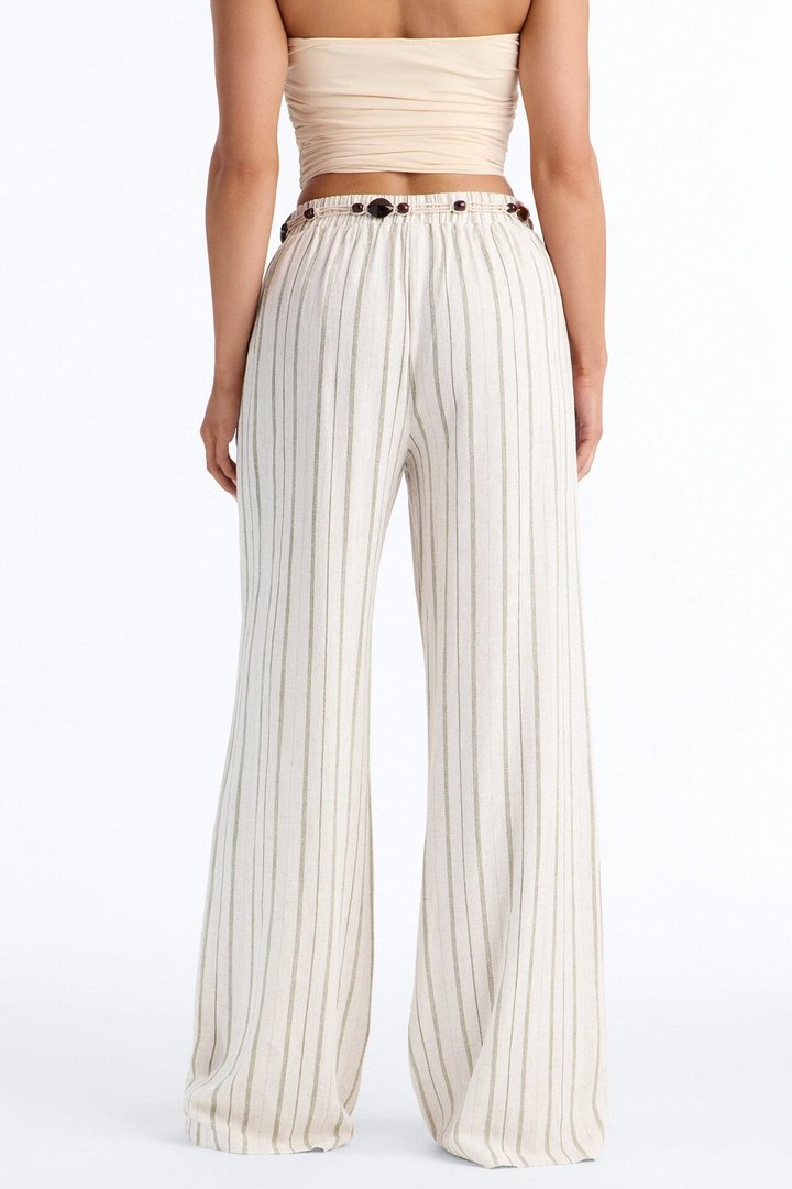 Lane Low Rise Linen Belted Pant - Green/combo