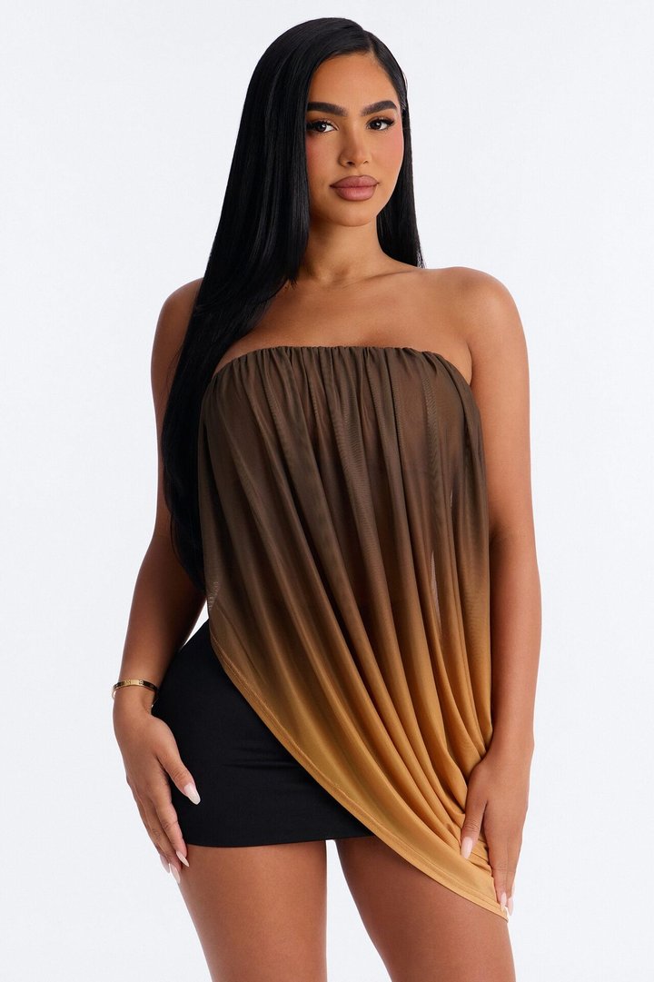 Bora Bora Ombre Asymmetrical Mesh Top - Taupe/combo