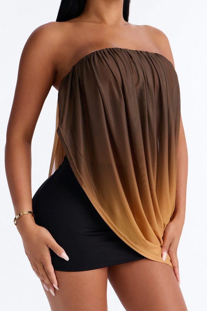 Bora Bora Ombre Asymmetrical Mesh Top - Taupe/combo