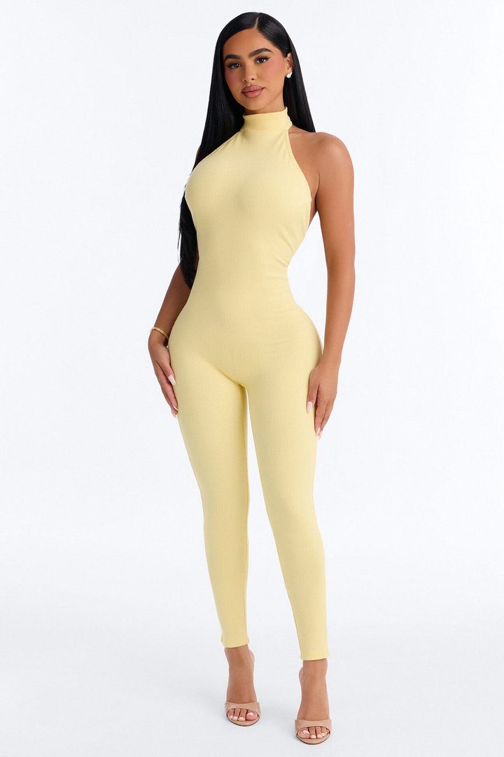 Kalia Snatched Halter Jumpsuit - Butter Yellow