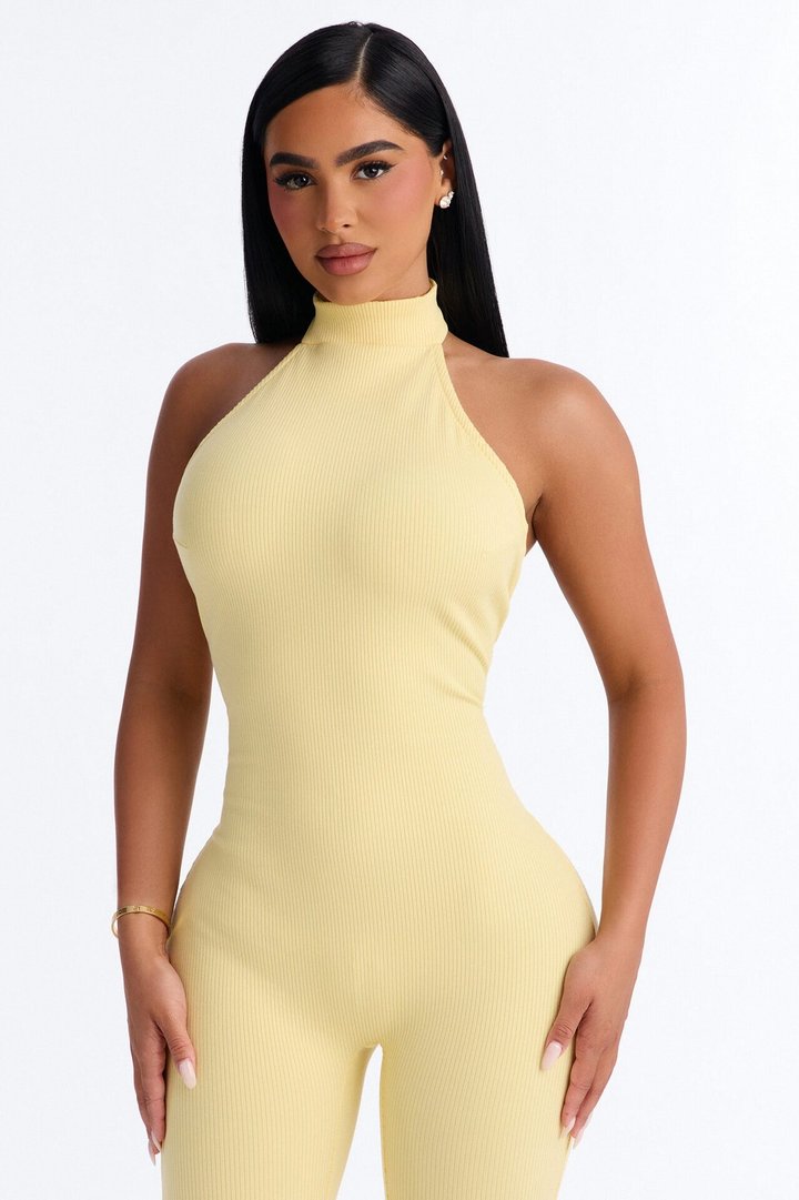Kalia Snatched Halter Jumpsuit - Butter Yellow