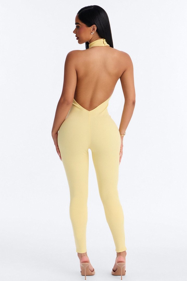 Kalia Snatched Halter Jumpsuit - Butter Yellow