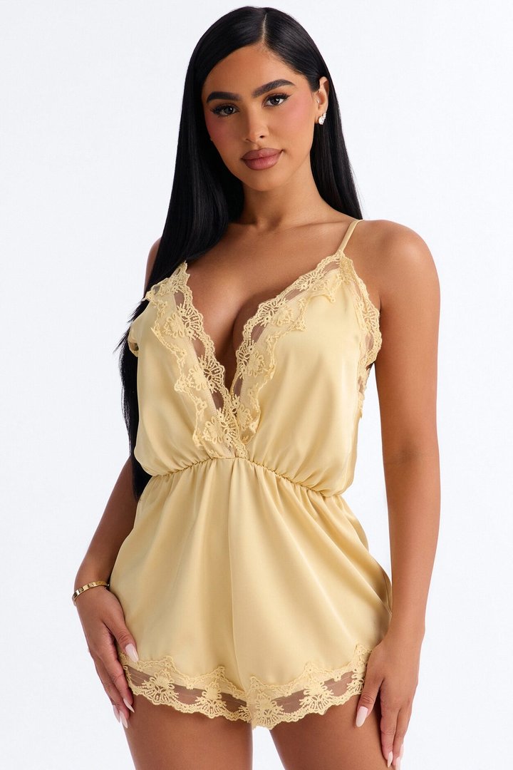 Rina Satin Lace Trim Micro Romper - Yellow