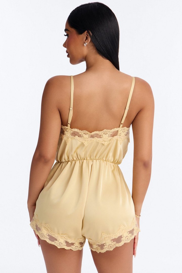 Rina Satin Lace Trim Micro Romper - Yellow