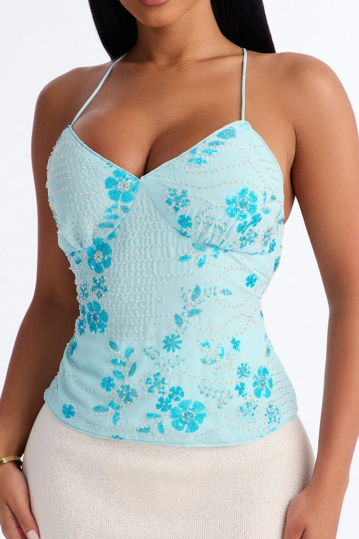 Catch Me Front Row Sequin Strappy Back Top - Light Blue