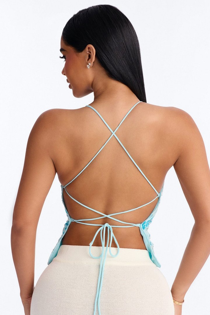 Catch Me Front Row Sequin Strappy Back Top - Light Blue