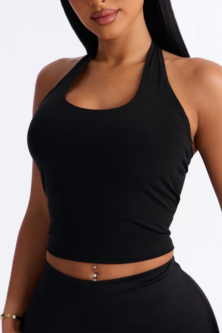 Hana Double Lined Cotton Blend Halter Tank Top - Black