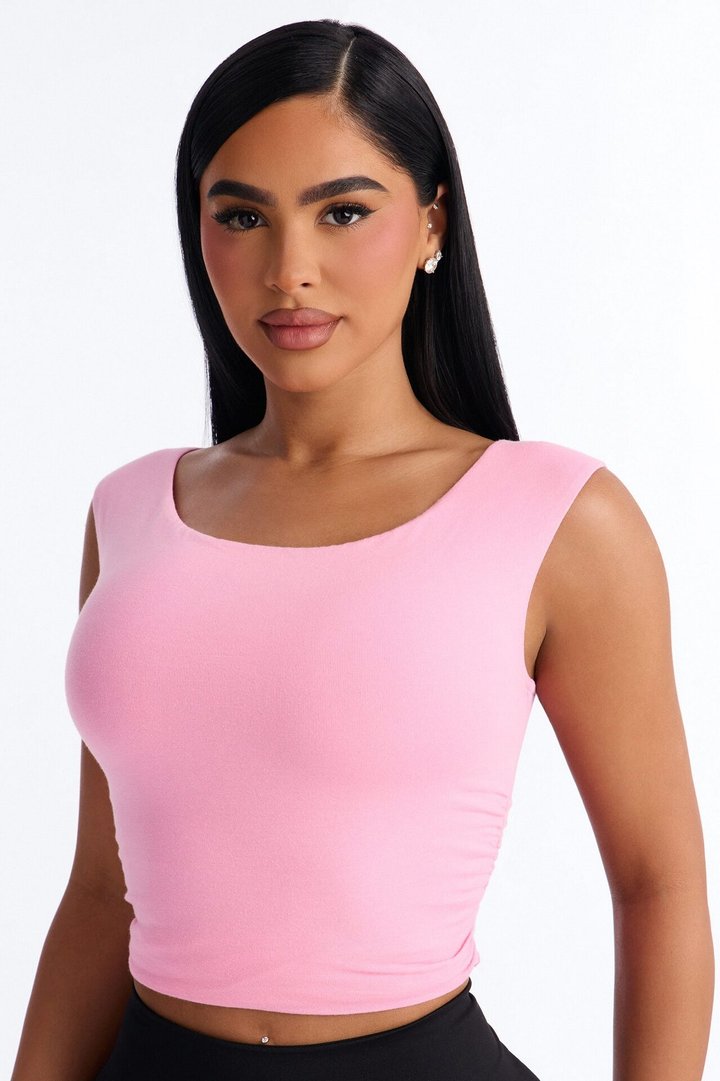 Boat Neck Baby Tee With Side Ruching - Pink
