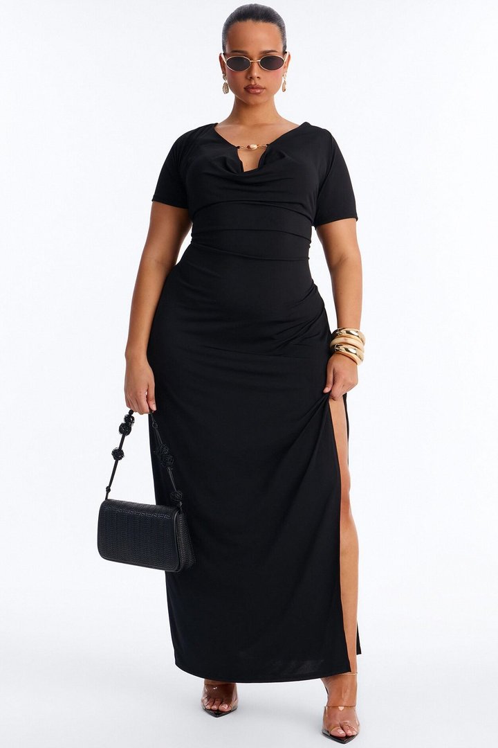 Angelica Beaded Cowl Neck Maxi Dress - Black
