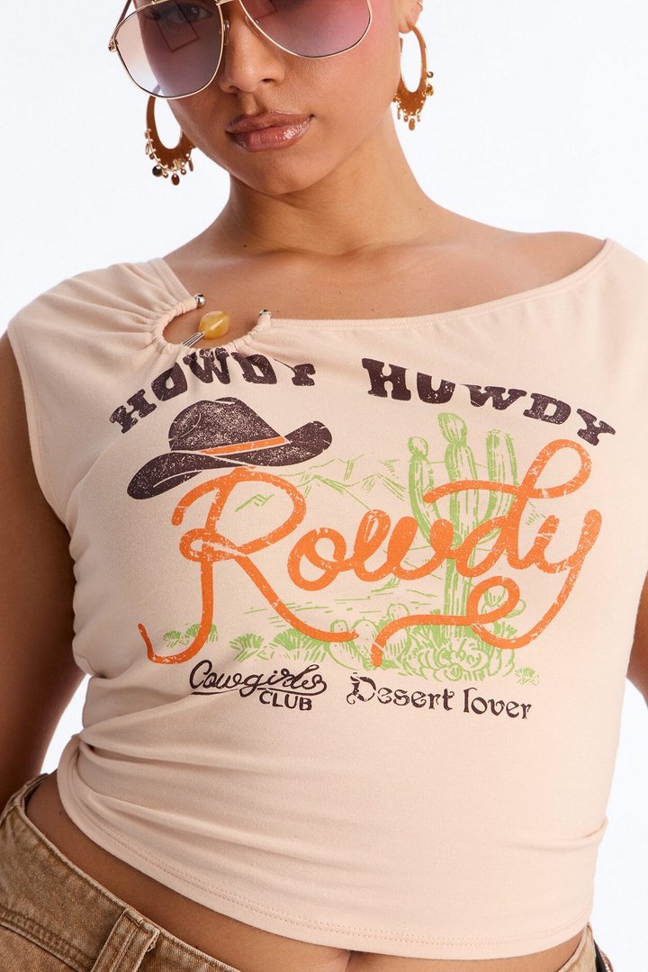 Howdy Howdy Cowboy hardware Top - Taupe