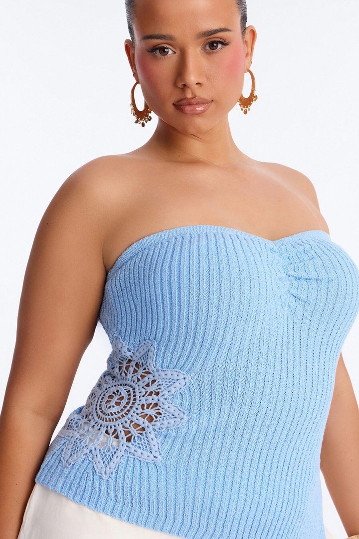 Amelia Asymmetric Strapless Sweater Top - Blue