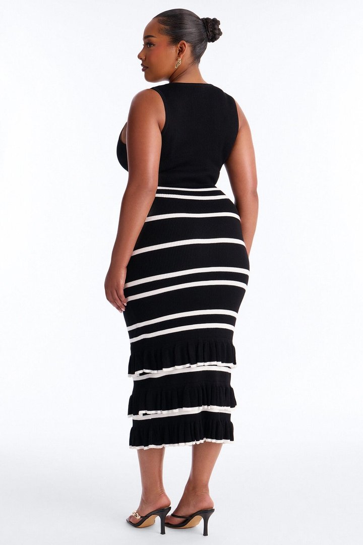 Renee Striped Sweater Ruffle Maxi Skirt Set - Black