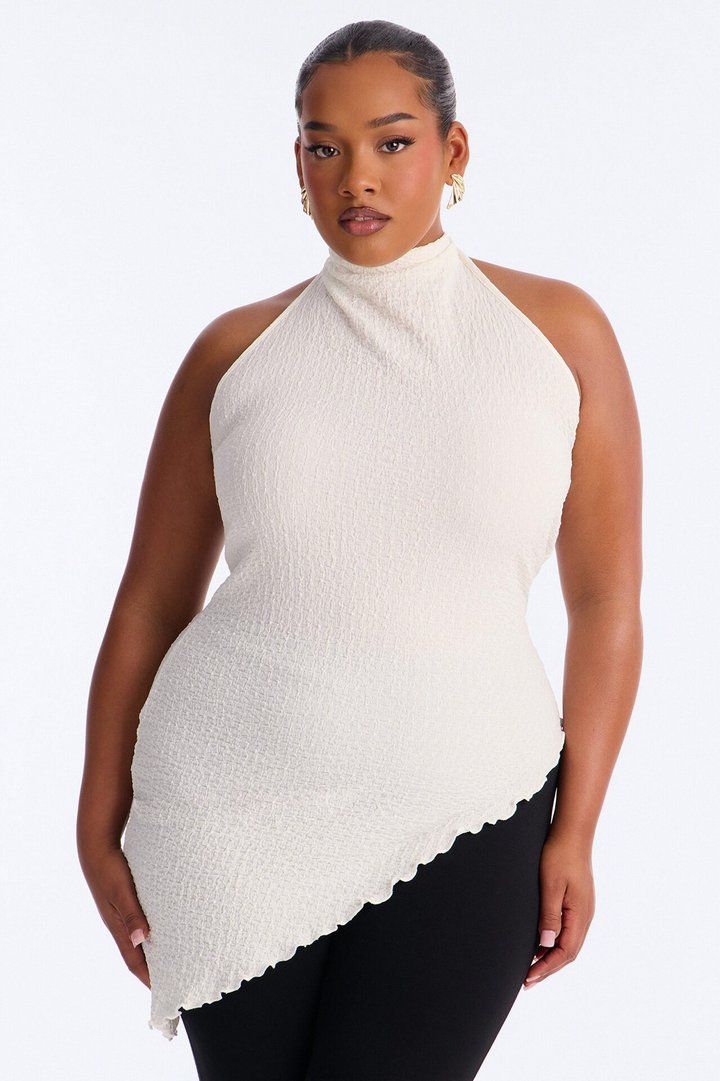 Barbados Textured Asymmetrical Halter Mock Neck Top - Ivory