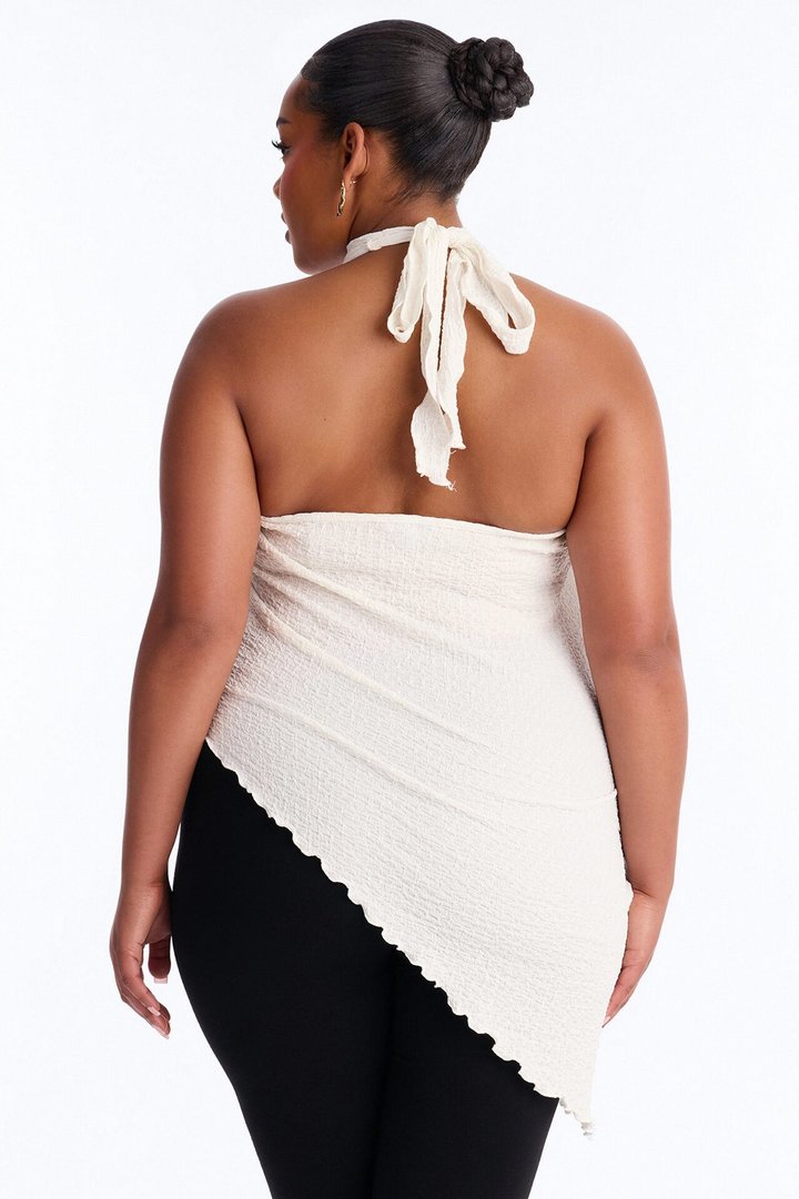 Barbados Textured Asymmetrical Halter Mock Neck Top - Ivory
