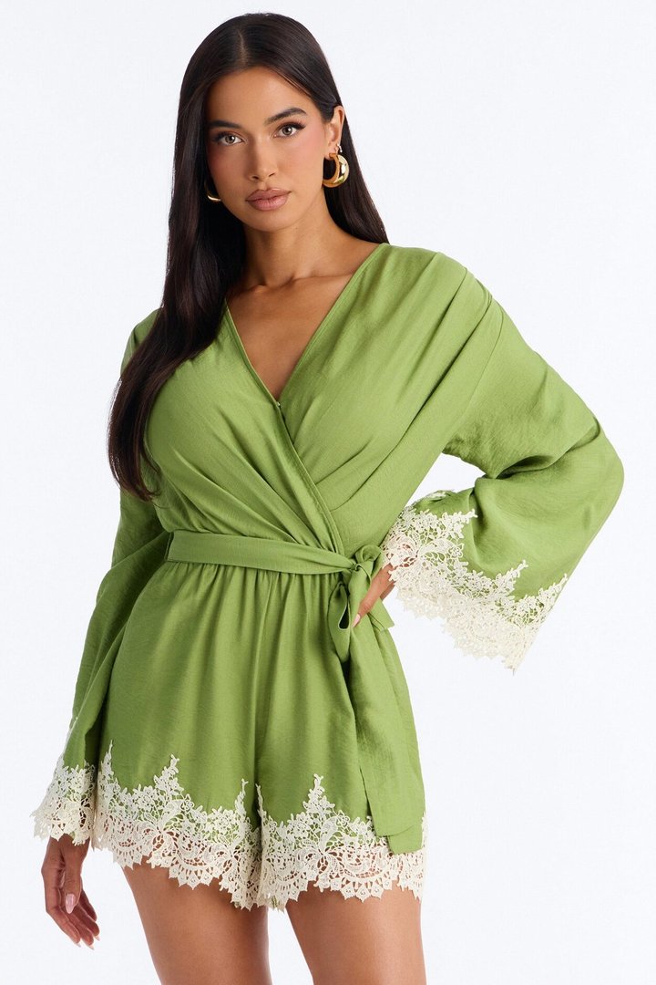 Cherie Lace Trim Tie Waist Romper - Green