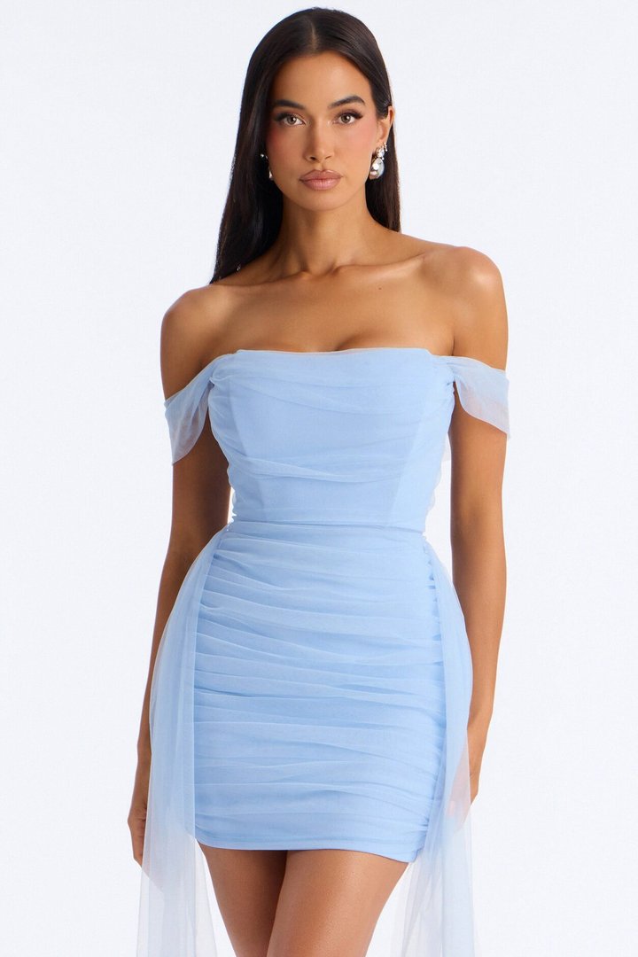 Molly Off Shoulder Draped Mini Dress - Blue