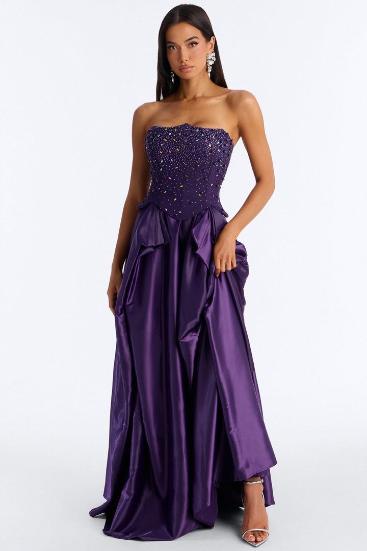 Shine Bright Embellished Satin Maxi Dress - Orchid