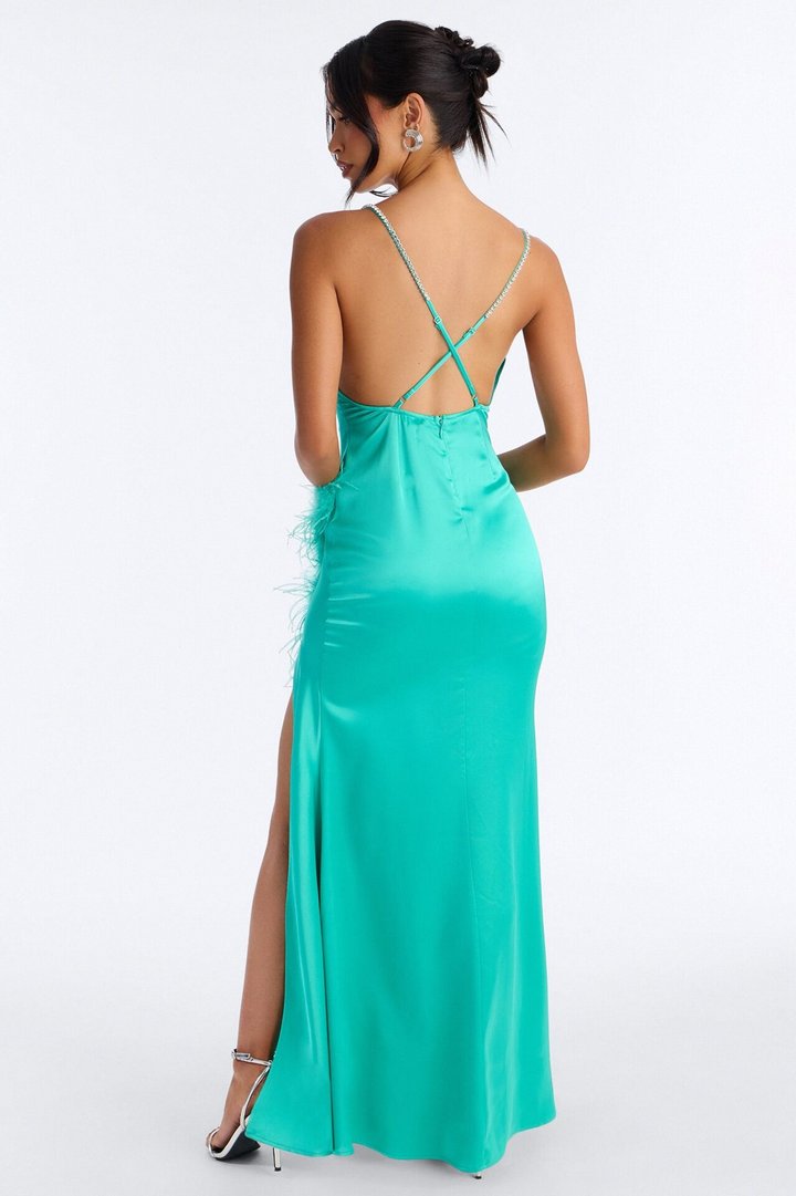 Isabella Feather Trim Satin Gown - Turquoise