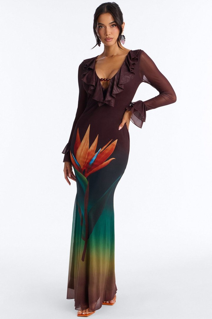 Erica Ruffle Mesh Maxi Dress - Brown/combo
