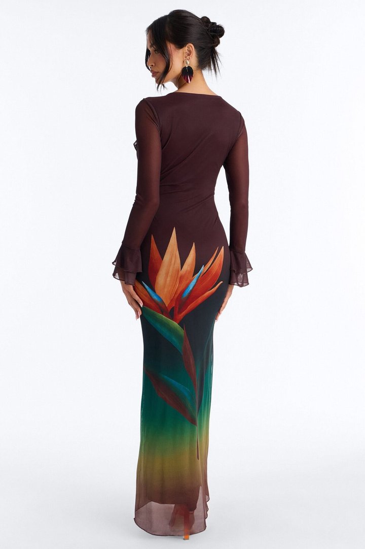 Erica Ruffle Mesh Maxi Dress - Brown/combo